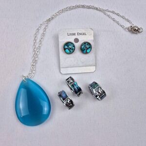 Blue Boho Jewelry Lot Necklace Earrings‎ Rings Dolphin Bear Dog Animal Set